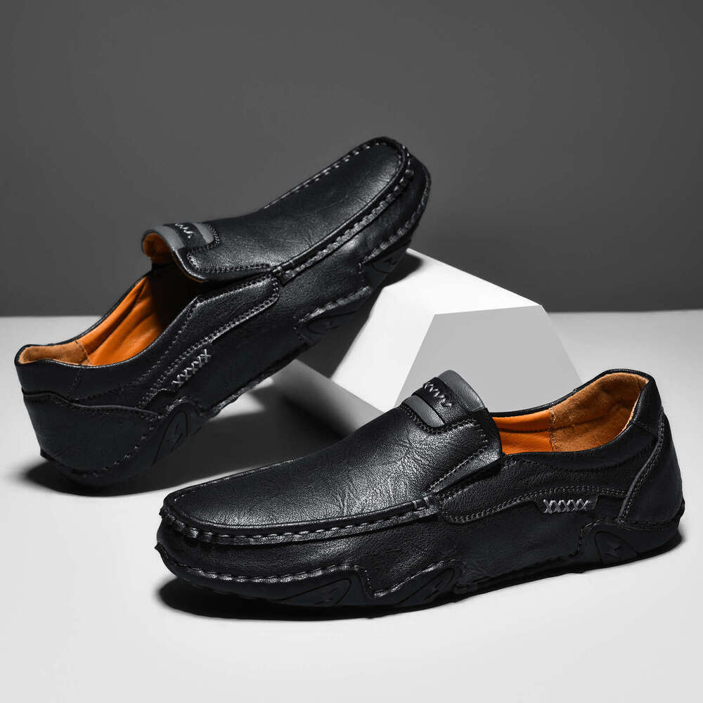 Hollow Out Hand-Stitched Men's Outdoor Casual Slip-On Flat Leather Shoes Low-Top Large Size Loafers