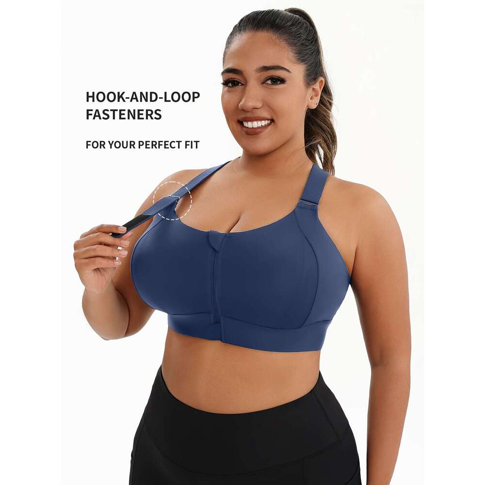 Plus Size Bra with Front Zipper, High Elasticity Solid Color Fiess Yoga Tank Top, Sports Bra, Adjustable Straps High-Quality Underwear