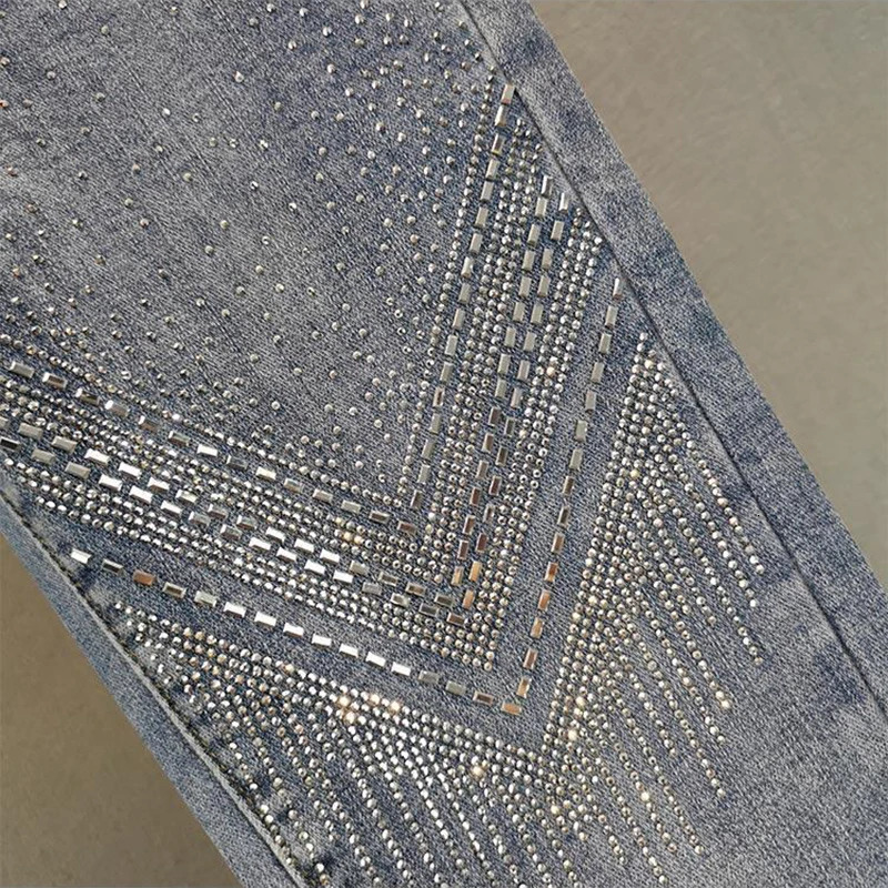Womens Rhinestone Skinny Jeans High Waist 9 Points Pants Denim Overalls Elastic Heavy Industry Spring Autumn 251029