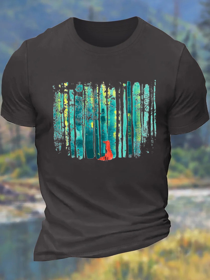 European & American Oversized Men's Forest Fox Crew Neck Casual Cotton Letter T-Shirt - TT7454