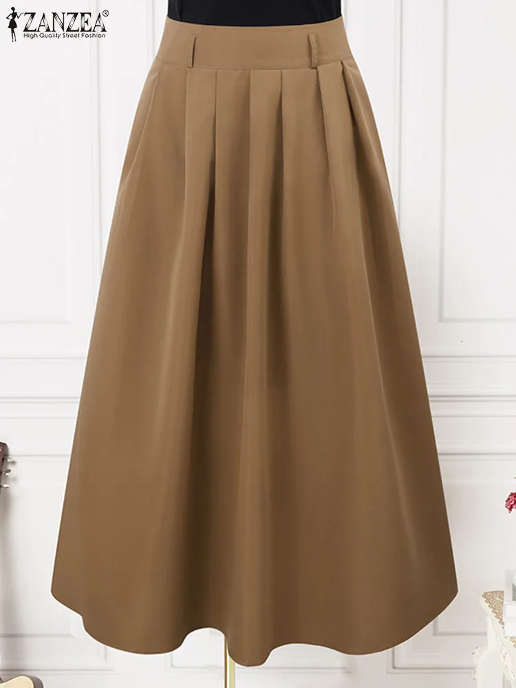 ZANZEA Women High Waist Jupe Korean Pleating Swing Skirt Vintage Fashion 2024 Spring Office Falda Holiday Loose Solid Long Skirt 251028