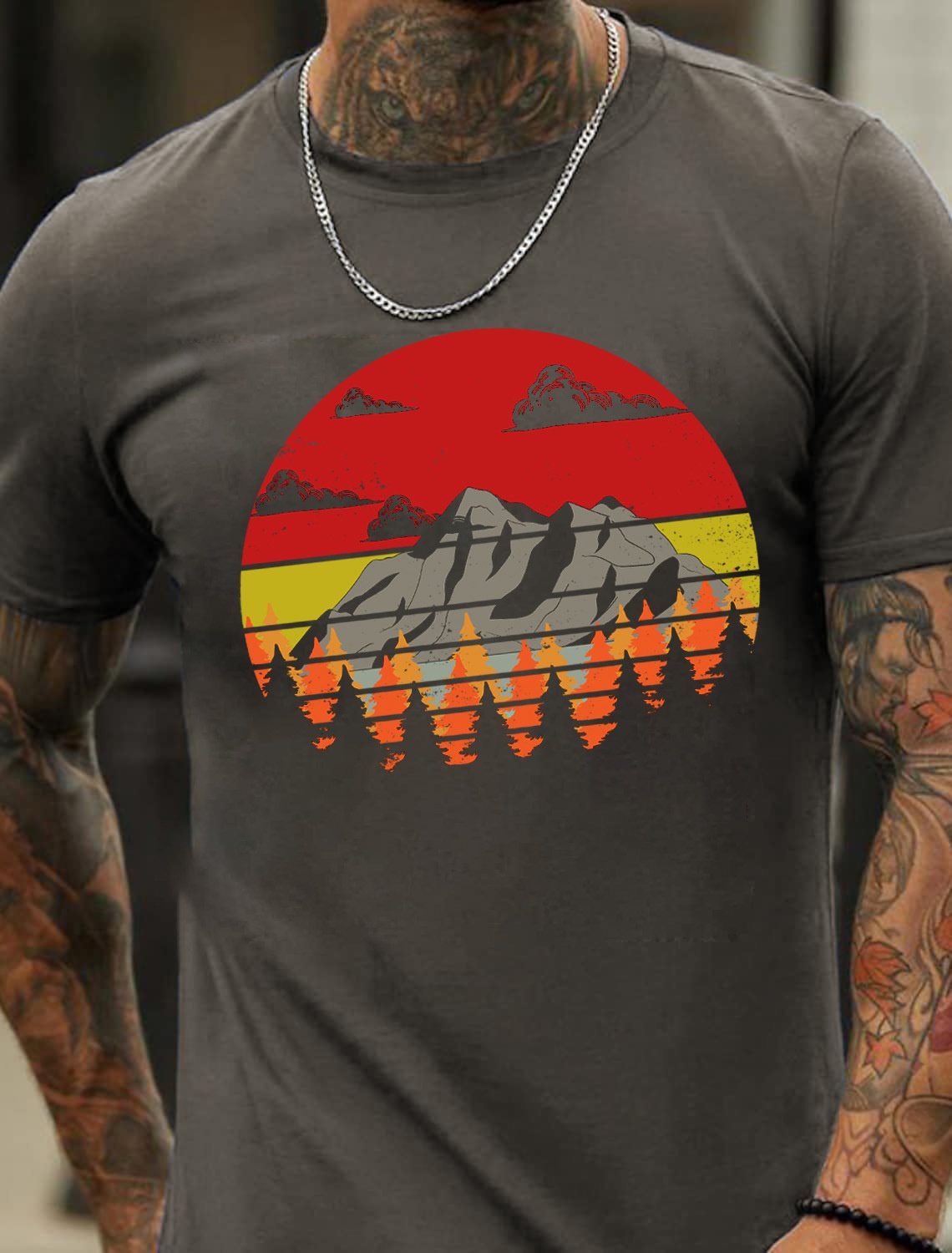 OEM Large Size Forest Mountain Print Men's Cotton Summer T-Shirt - TT7075