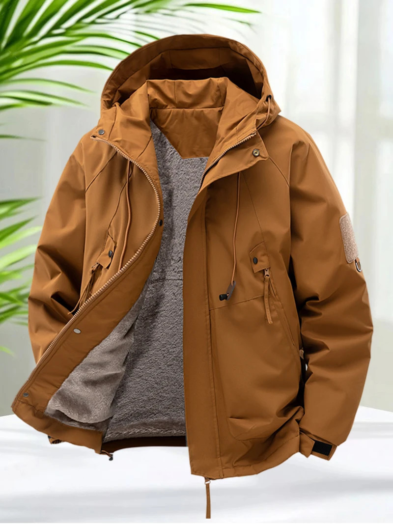 Faux Fur Lined Jacket for Men Autumn Winter Waterproof Windbreaker Jacket Fleece Liner Hooded Zip Up Jackets Men Clothing 251028