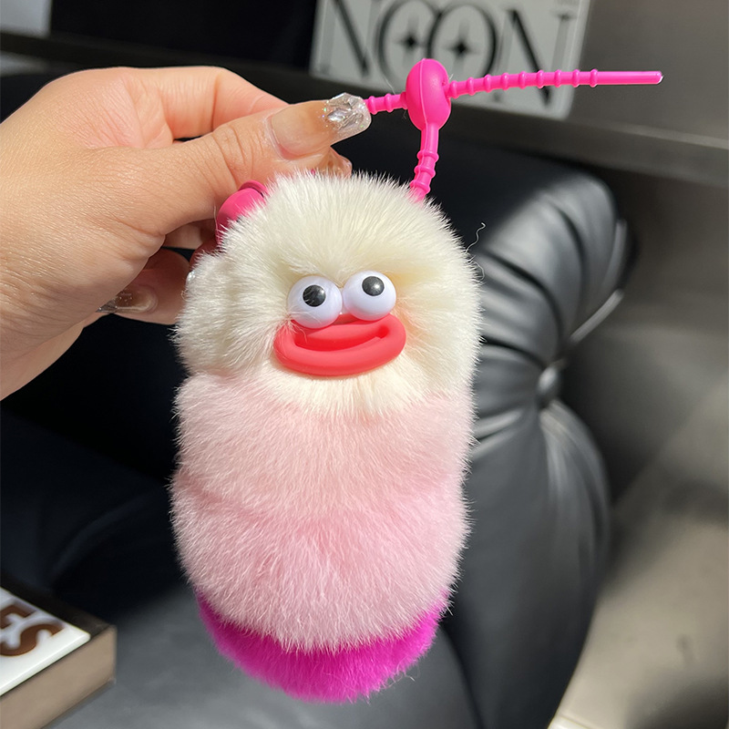 Adorable Caterpillar Rabbit Fur Plush Keychain Doll Car Accessory Backpack Charm Gift