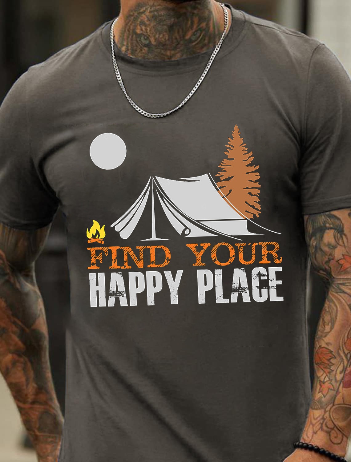 Europe & America Oversized Happy Place Camping Series Pattern Fashion Men's Cotton Summer T-Shirt - TT7093