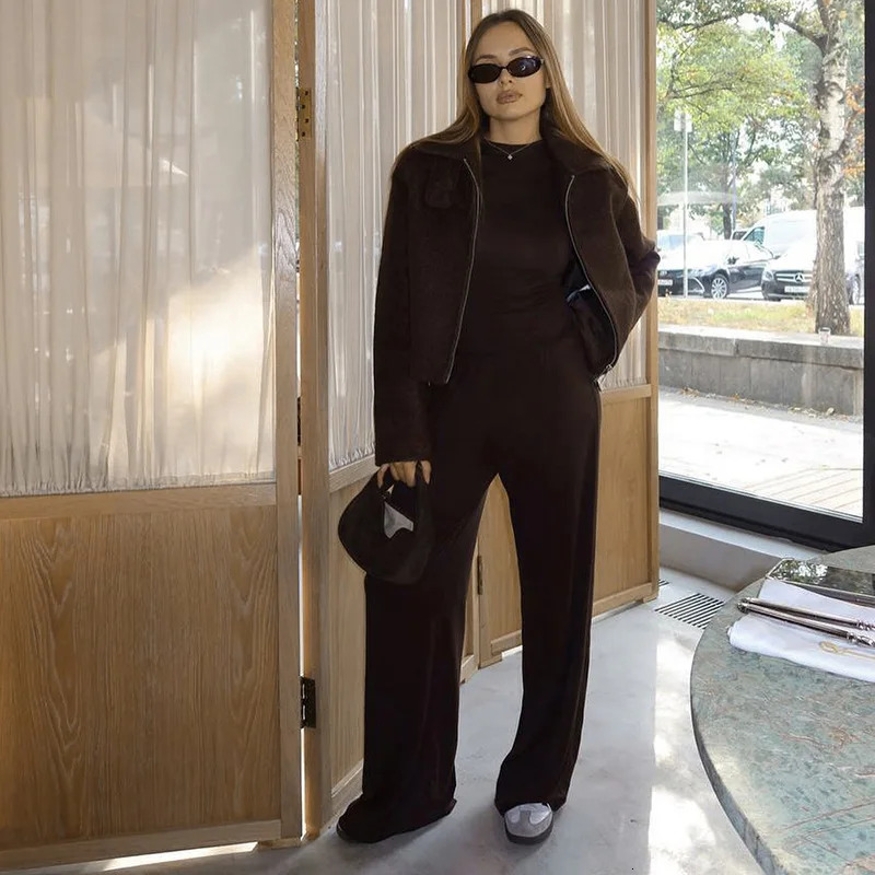 Basic Wide Leg Pants Leisure Suit Women Spring Solid Long Sleeve Top Casual Loose Trousers 2 Piece Set tie Streetwear 251029