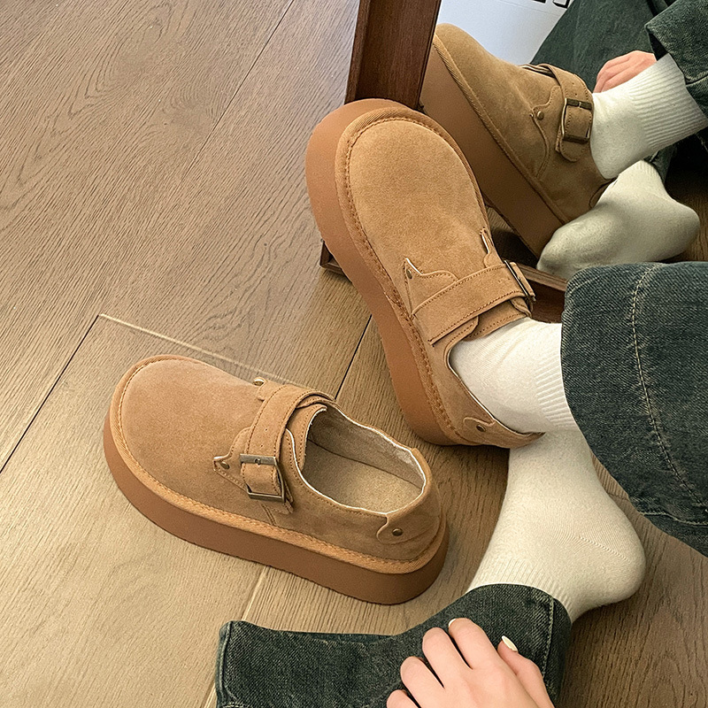 Thick-soled heightened Birkenstock women's new lazy foot pedals with fleece and thickened warm casual cotton shoes for women in the fall and wint