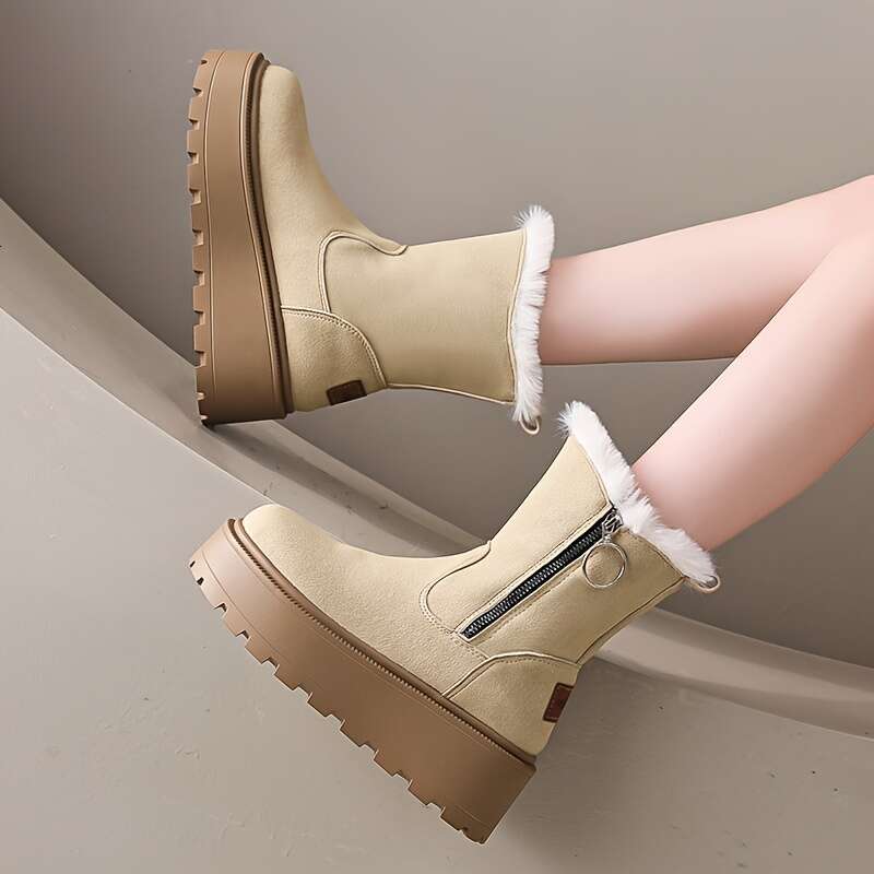 Women's Chunky Platform Boots Beige/ Tan Slip-Resistant Rubber Sole, Cushioned Insole Zipper Closure Soft Fabric Lining For Everyday & Formal Out