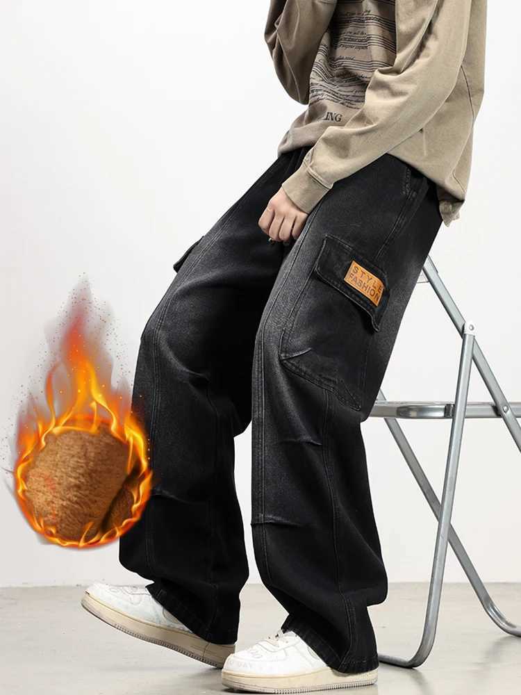 Mens Winter Fleece Cargo Jeans with 5 Pockets Wide Leg Straight Baggy Jeans Brushed Warm Denim Pants Asian Size L6XL J251030