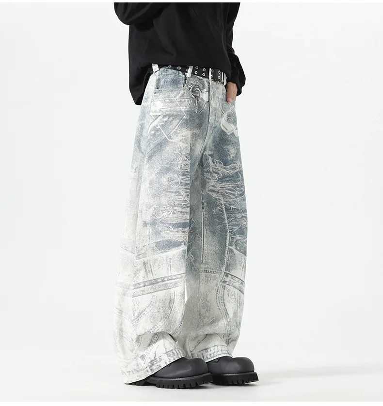 2025 Autumn New American Fashion 3D Digital White Loose Jeans Dirty Printed Jeans Mens Casual Straight Leg Floor Pants J251030