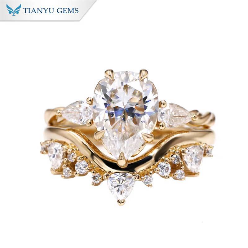 Tianyu Gems Custom Make 811mm 35ct Pear Moissanite Diamond 14k Yellow Gold Jewelry Ring Set for Women