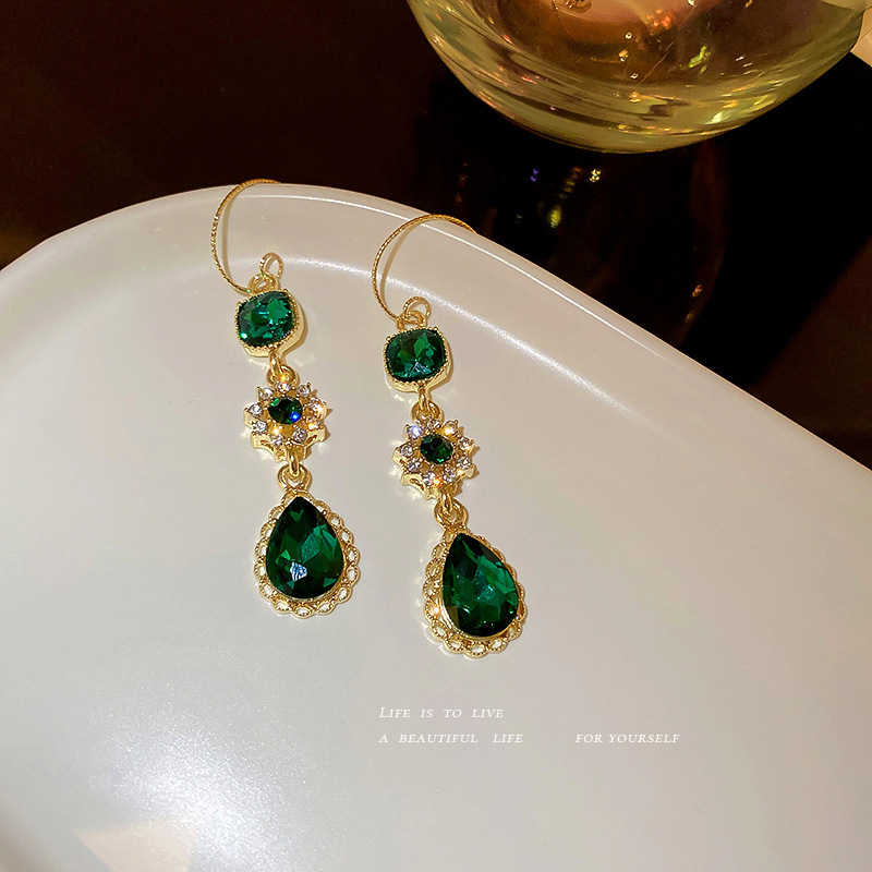 Korean Long Style Dia-Encrusted Emerald Ear Hook Water Drop Flower Zircon Elegant Light Earrings for Women
