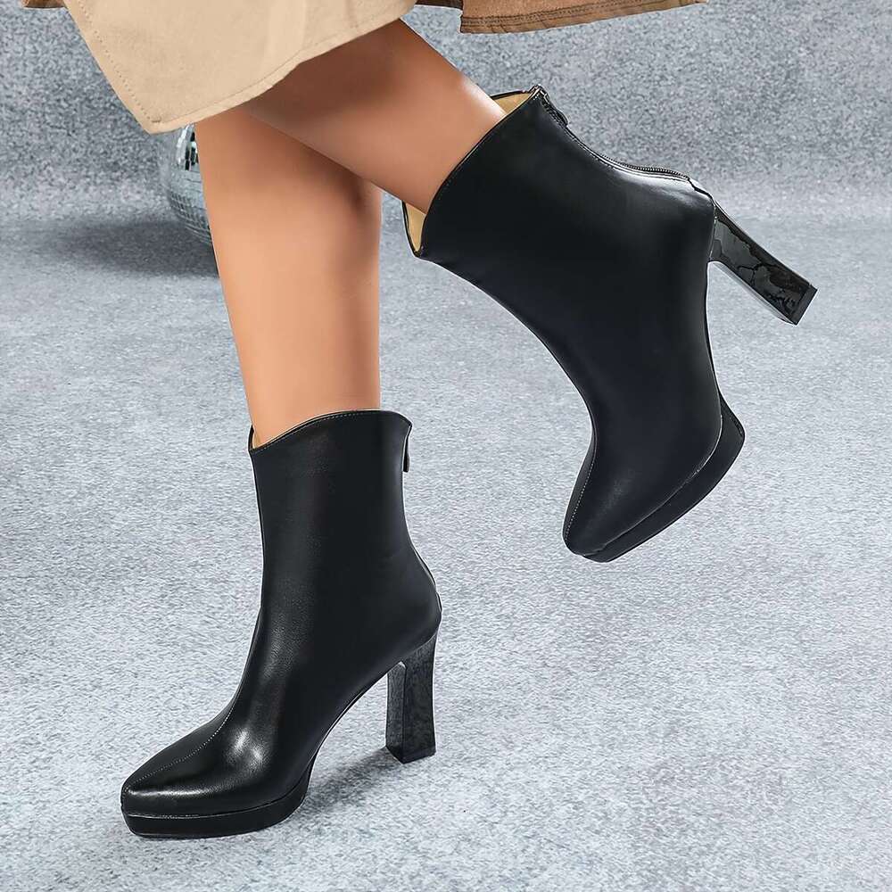 Ultra High Heels, High Quality Platform, Small Square Toe, High-Heeled With Back Zipper, Black Midsole Boots, Thick Heel, Winter Short Boots For Women