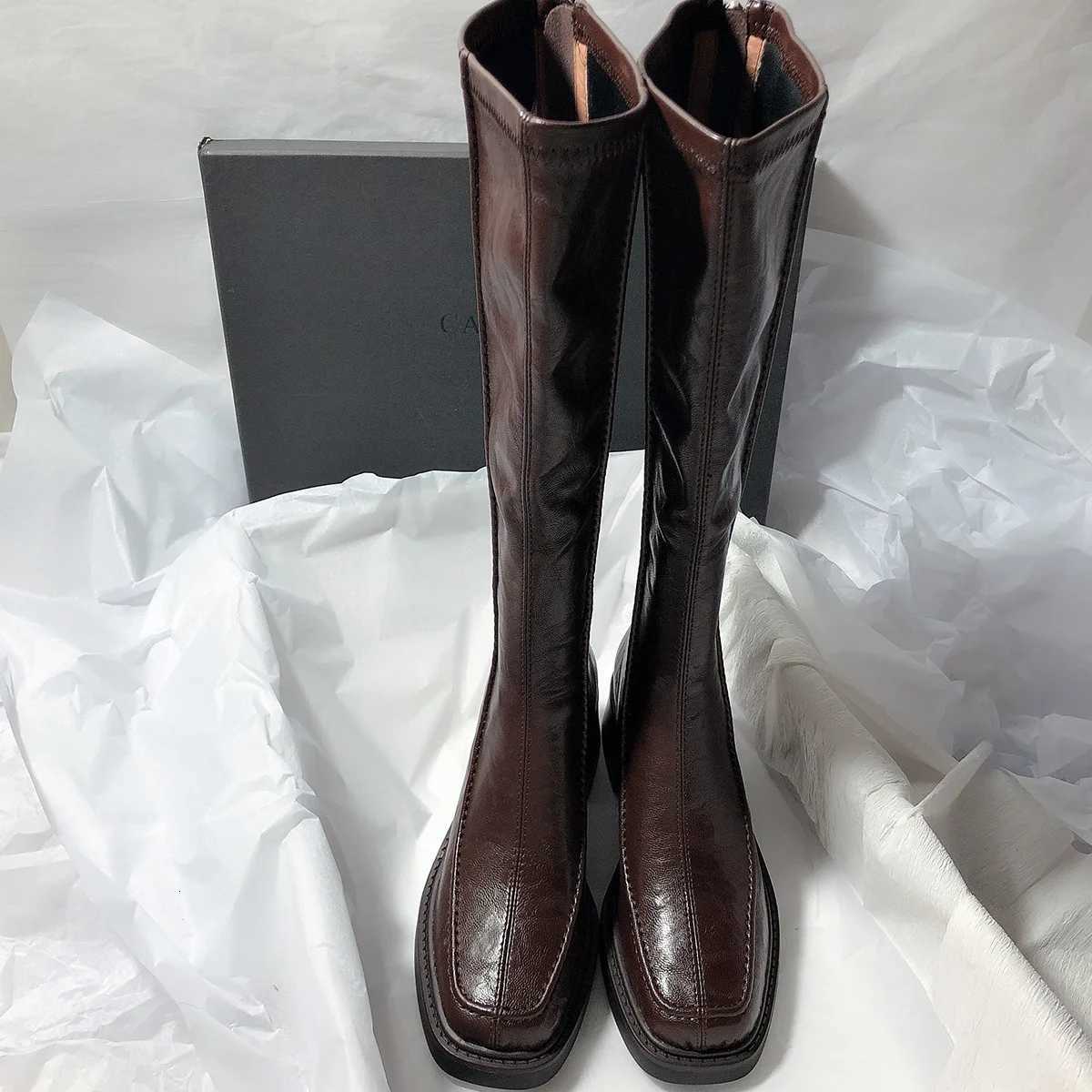 Autumn Winter New Highheeled Womens Boots Square Toe Elastic Boots Thick Heel Knee High Boots Z251029