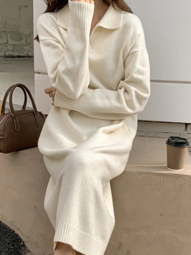 in Women Autumn Winter Lapel Full Sleeve Solid Long Knitted Dress Casual Thicken Warm Loose Sweater Female Vestidos 251027