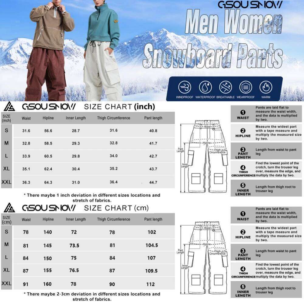 GSOU SNOW Winter Multi Pockets Ski Men Loose Snow Pants Warm Windproof Skiing Trousers Outdoor Sports Breathable Britches