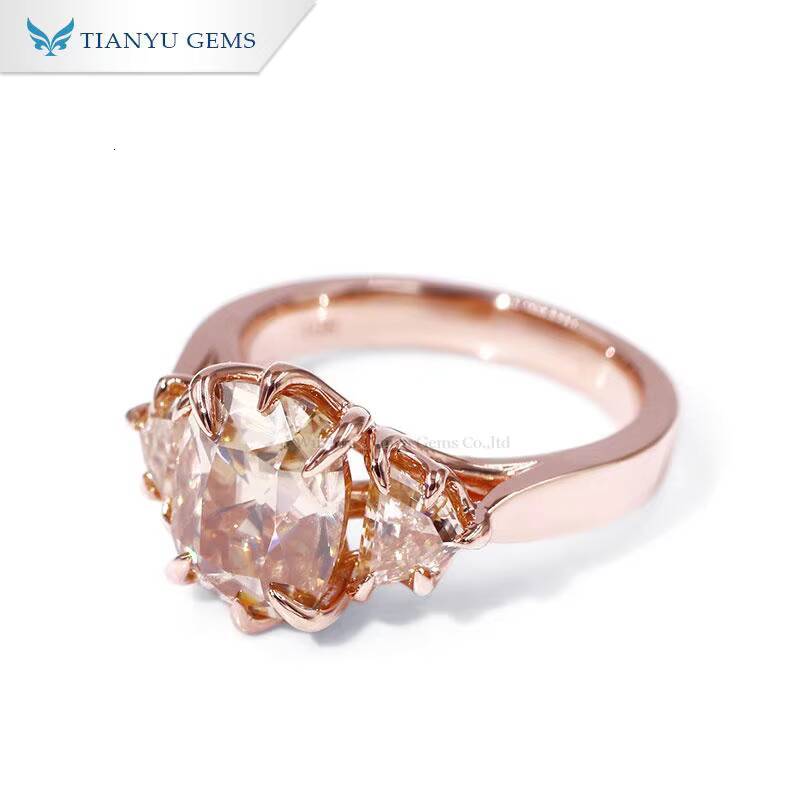 Tianyu Gems 8x10mm Cushion Cut Champagne Moissanite Ring Women 18K 14K 10K Rose Gold Three Stone Ring Wedding Engagement Jewelry