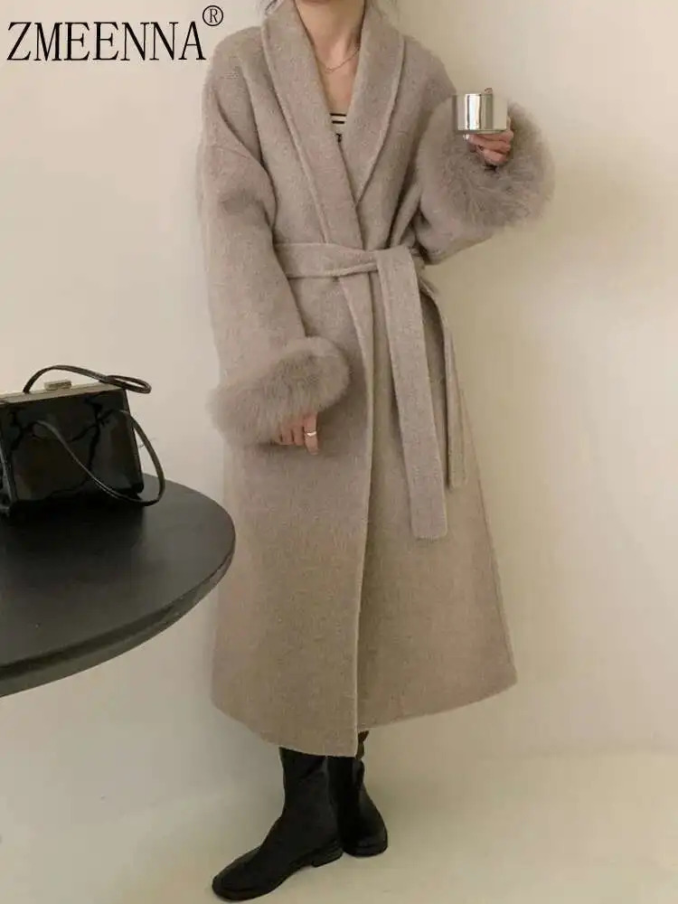 ZMEENNA Elegant Womens Coat European Style All Match Belt Fur Patchwork Long Sleeve Woolen 2024 Autumn Winter ZM600 251010