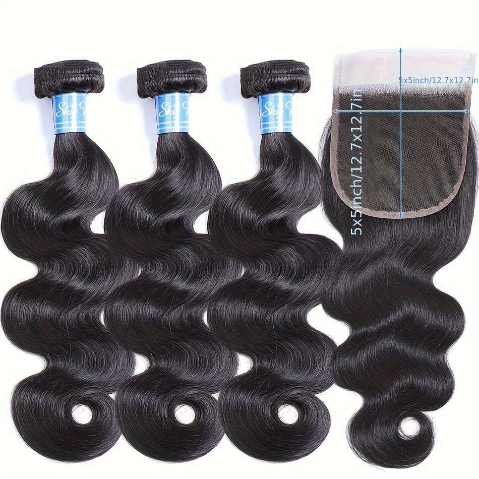 Body 100% Brazilian Virgin 3 5X5 Free Part Lace Human With Closure Color Weaving Extensions Bundles, Hair Bundles For Weaving, Natural Wave Texture, S