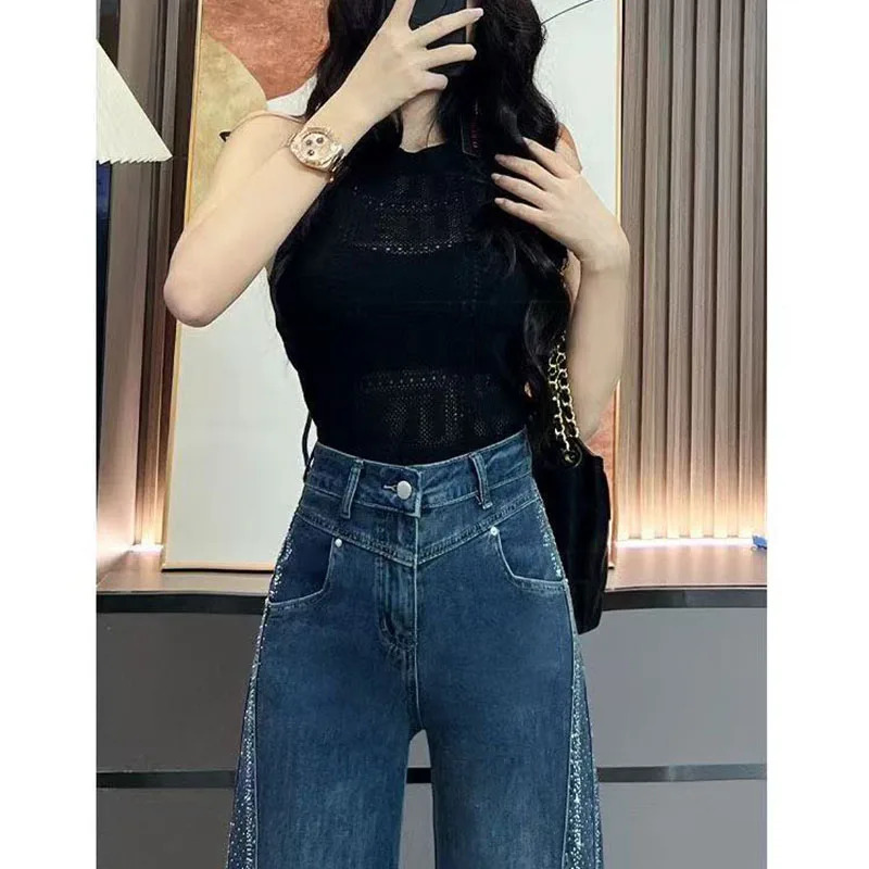 Diamond Wide Leg Flared Jeans Womens SpringSummer Fashion Spice s Loose Washed Blue Straight Leg Pants 251029