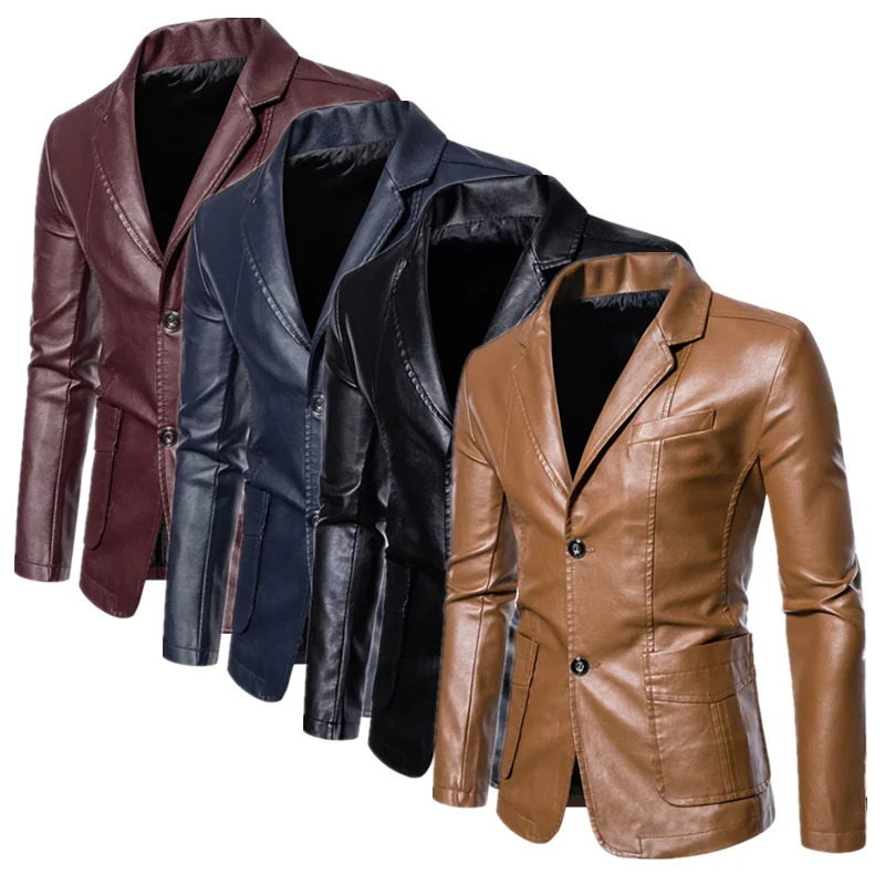 Men Business Casual Leather Jacket Black khaki Fashion Male Suit Collar Coats Large Size 5XL Slim Fit Top 251029