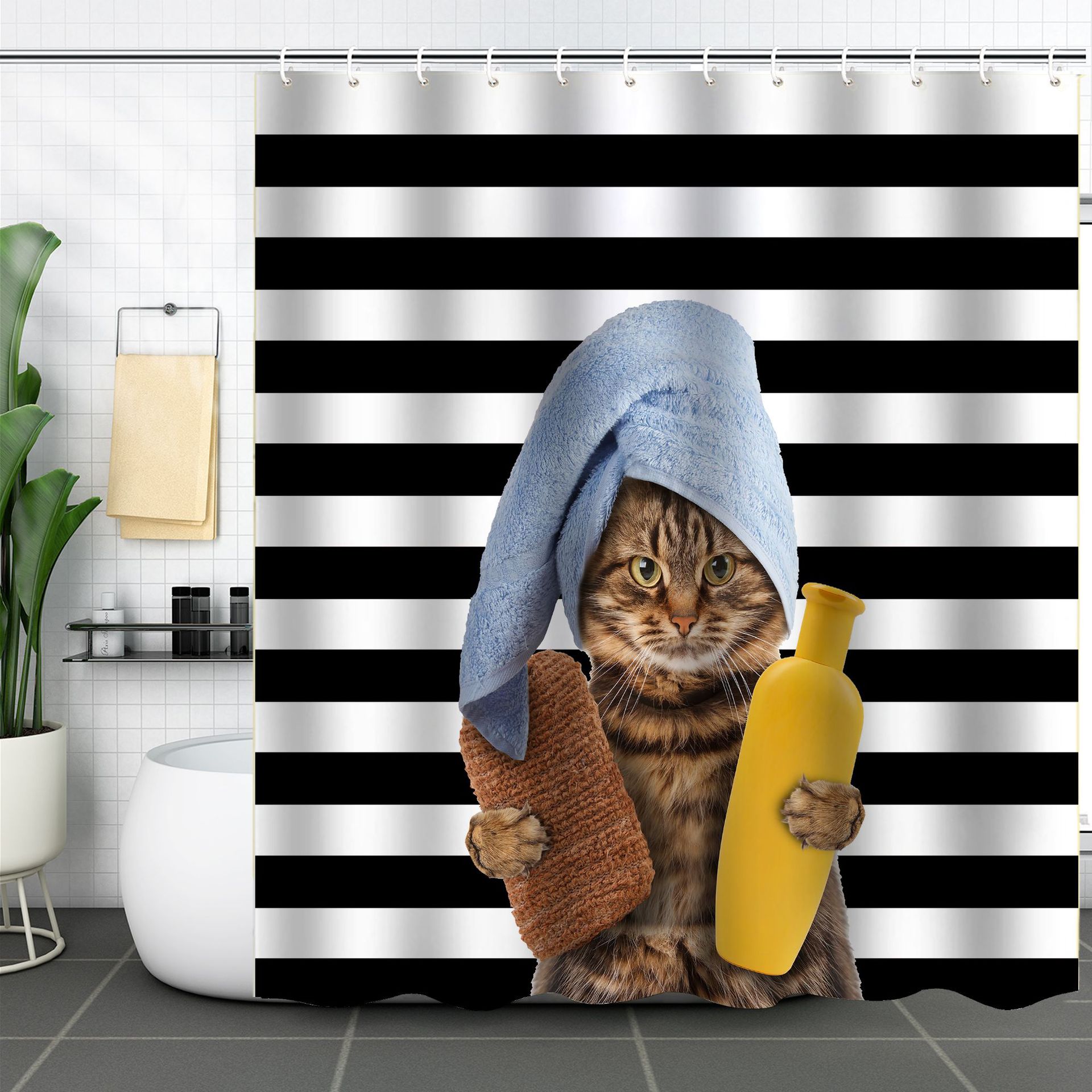 YL-37587 3D Digital Shower Curtain for Kitty Bathing, Bathroom Dry and Wet Separation, Polyester with Hooks, Isolation Curtain