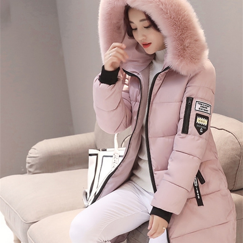 Women Winter Fur Collar Hooded Parka Fashion Letter Patch Zipper Pockets Long Jacket Elegant Slim Warm Thick Female Coats 251029
