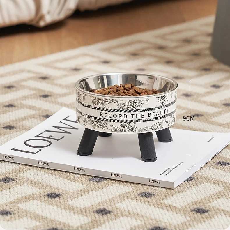 Pet highfoot bowl for cats and dogs stainless steel large capacity neck protection antislip and overturned pet bowl J251113