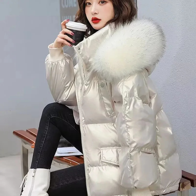 Winter Fashion Warm Duck Down Jacket Womens Clothes Glossy Fur collar Thicken Parka Short Down Coat Female Trend 251023