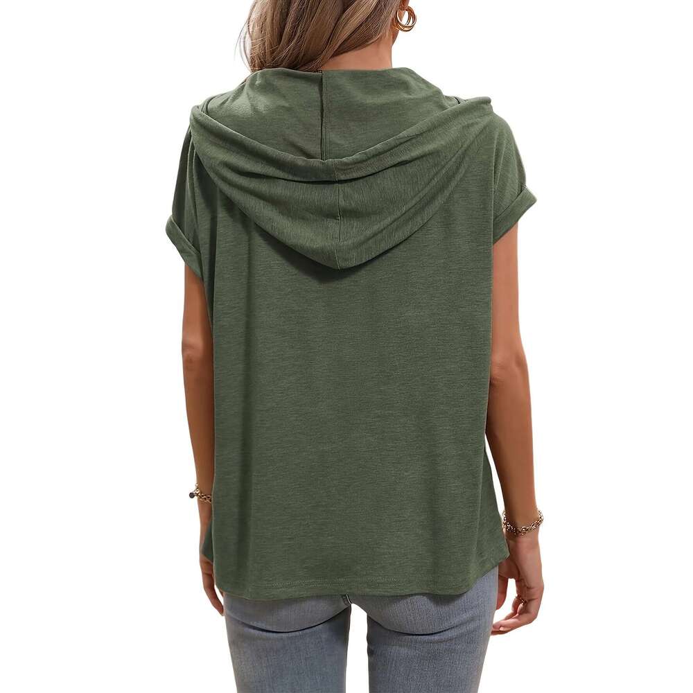 Pcs Women S Spring Summer Hooded Lightweight Breathable Solid Color V Neck Button Up Short Sleeve T Shirts With Drawstring Waist Polyester Hine Washab