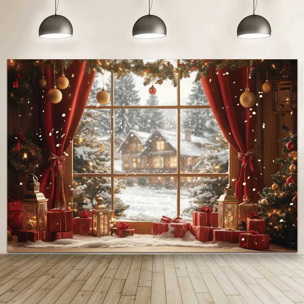 2025 Christmas Backdrop Snowy Window Winter Xmas Tree Gifts Baby Photography Background New Year Christmas Family Party Decor C251030
