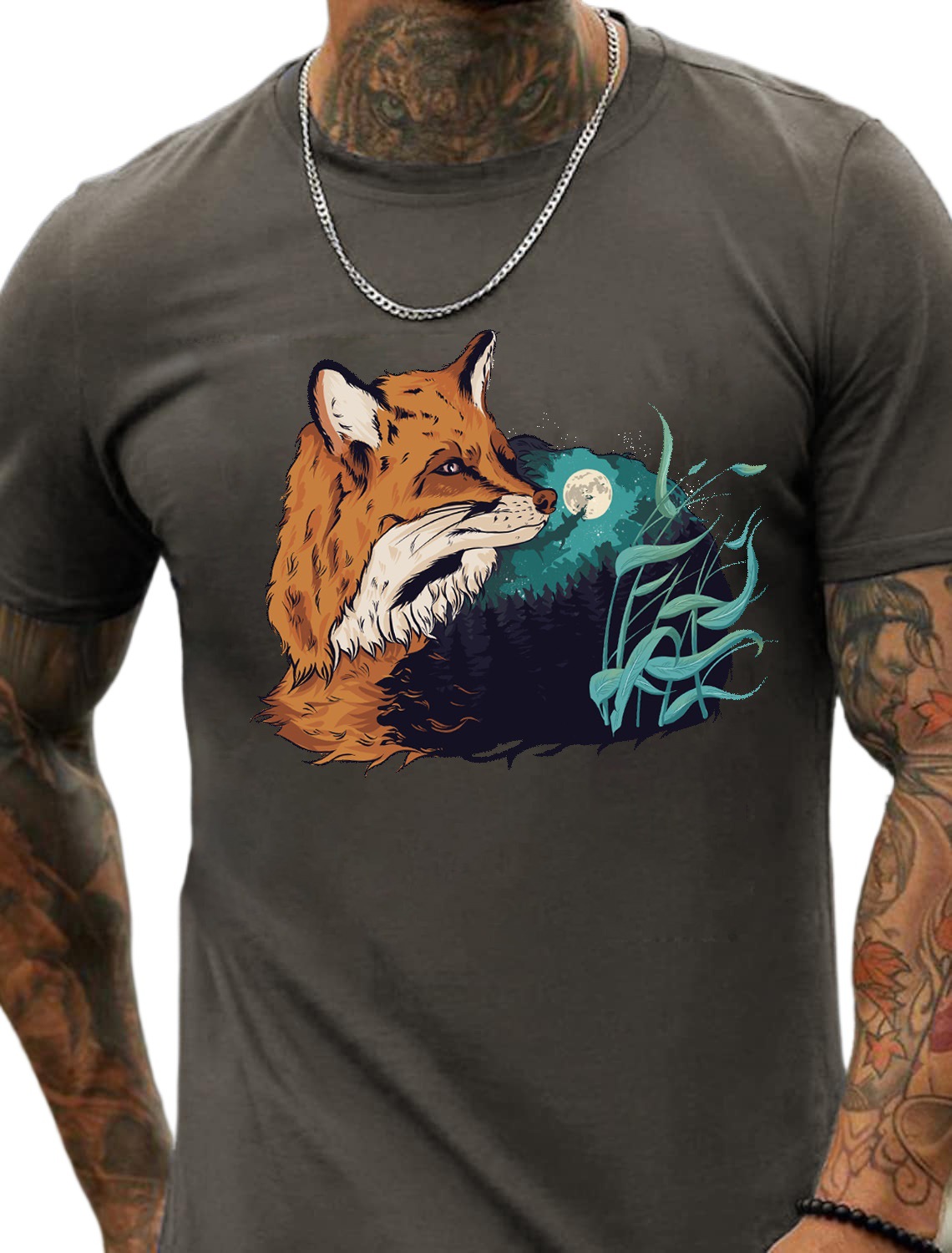 European and American Oversized Fox and Moonlight Print Men's Cotton Summer T-Shirt - TT7189