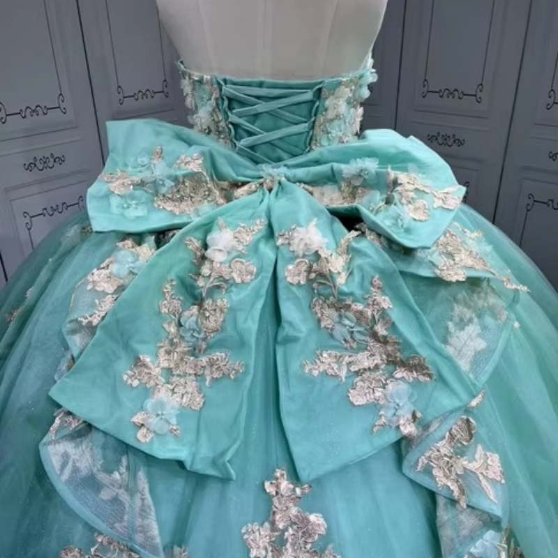 Green Shiny Quinceanera Dresses Off The Shoulder Applique Flower Beading Bow Tull Party Birthday Sweet 16 Dress Vestidos 15 Anos