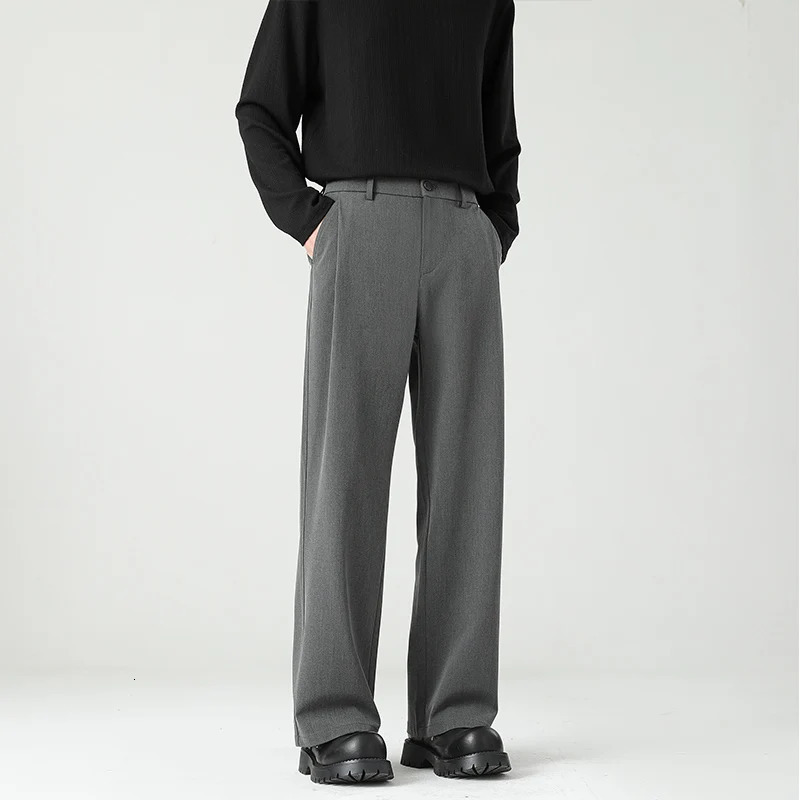 Autumn Mens Black Gray Suit Pants Loose Straight Drape Solid Color Elastic Business Work Casual Trousers Fashion Clothing 251028