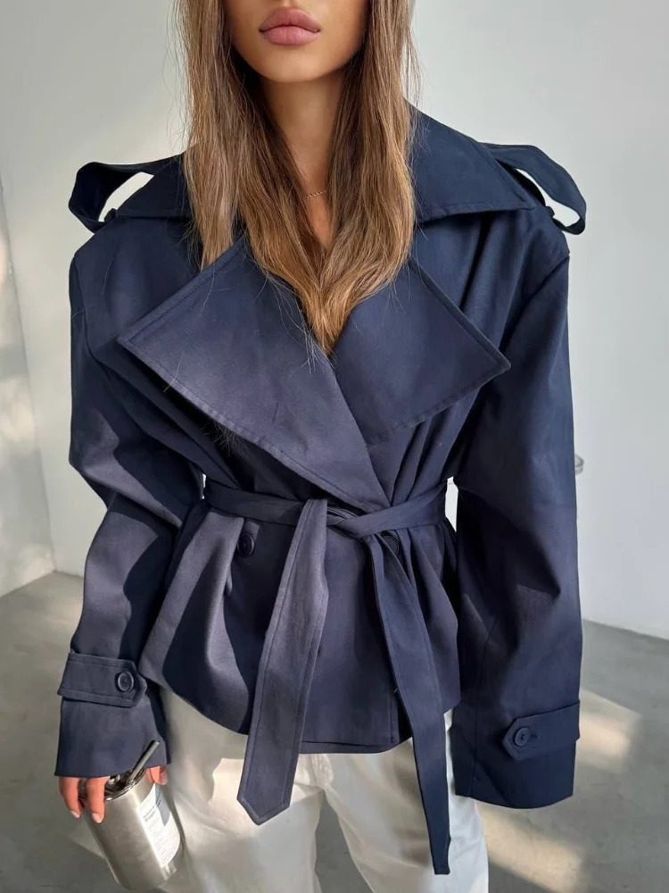 Women Lapel Lace Up Long Windbreaker Full Sleeve Shawl Waist Cinching Single Breasted Coats Lady Elegant Casual High Street Coat 251030