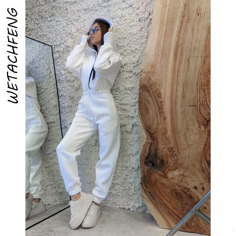 White Overalls For Women Autumn Winter Fleece One Piece Hooded Zipper Long Sleeve Sweatshirts Pants Outfits Jumpsuits Clothes 251027