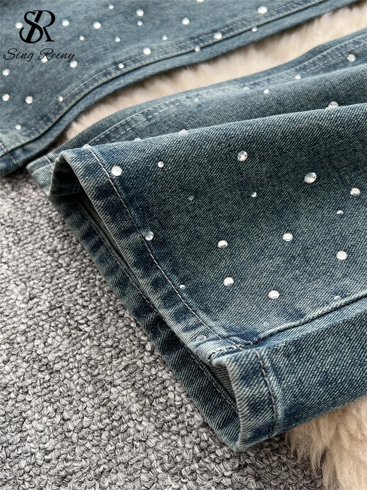 SINGREINY American Retro Diamonds Jeans Female High Waist Pockets Zipper Wide Legs Trousers Streetwear Loose Denim Long Pants 251029