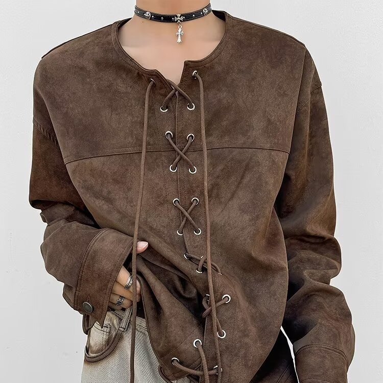 Spring And Autumn New Drawstring Double-breasted Back Fly Design American Style Brown Motorcycle Designer Jacket Leather Jacket Men's Jacket