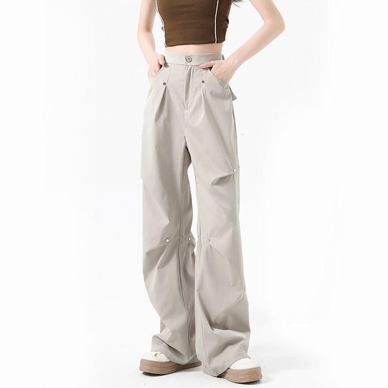 Designer Luxury American Women's Work Pants, Autumn And Winter, Wool Lining, High Waist, Slim Fit, Straight Legs, Rivets, Pleats, Loose, Wide Leg