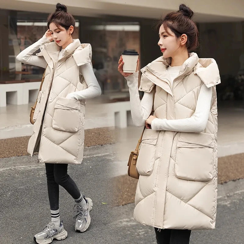 Winter Women Long Hooded Warm Vest Women Solid Detachable Hat Waistcoat Sleeveless Jacket Parka Coats Female Down Cotton Vests 251024