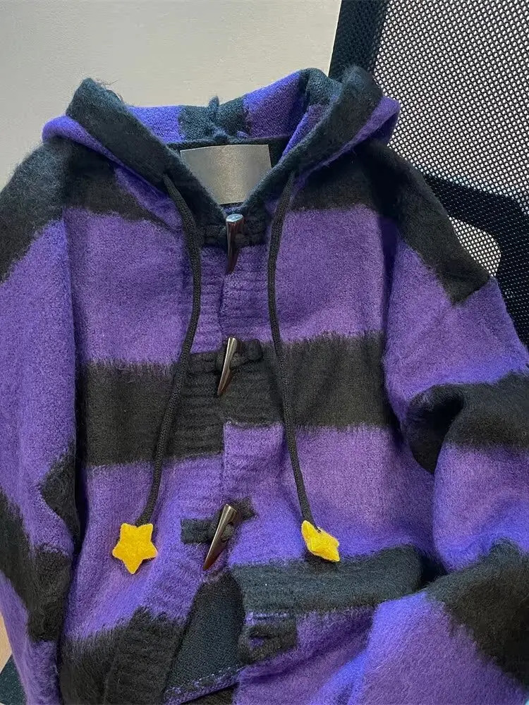 Lazy style cute star stripe hooded sweater womens autumn and winter anime mine knitted cardigan coat 251029