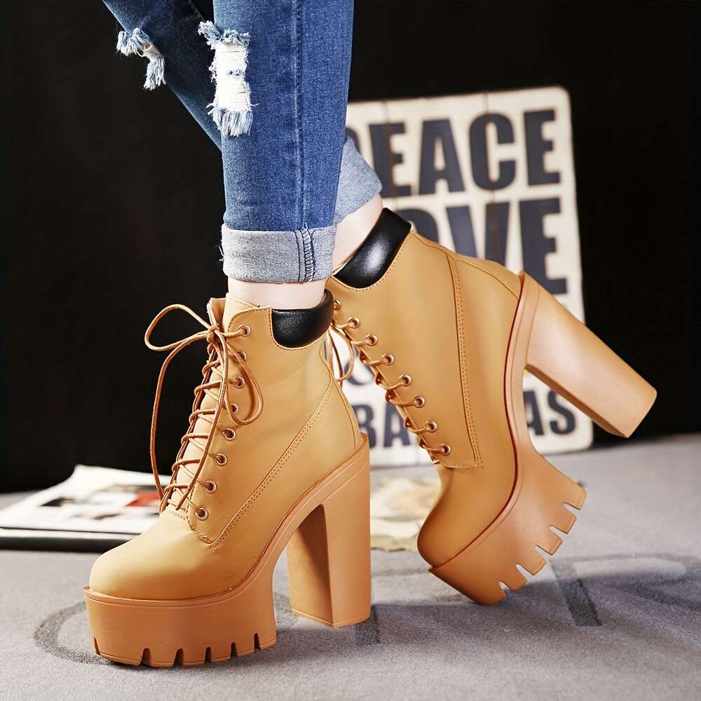 Women's Chunky Heeled Short Boots, Round Toe Lace Up High Heels, Solid Color Platform Shoes