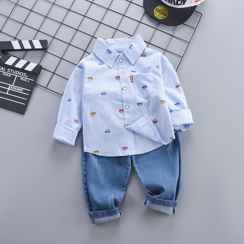 Car Cartoon Print Boys' 2-Piece Set - 2025 Fall Long Sleeve Shirt and Pants Outfit, Cute Casual Clothes for Toddler Little Kids