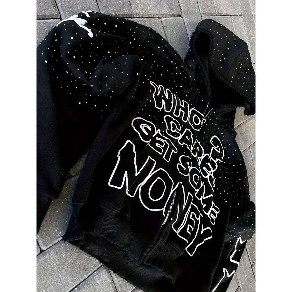 Men's Streetwear Rhinestone "Who Cares Get Some Money" Graphic, Hip Hop Full-Zip Sweatshirt With Pockets, Black & White Lettering, Fall