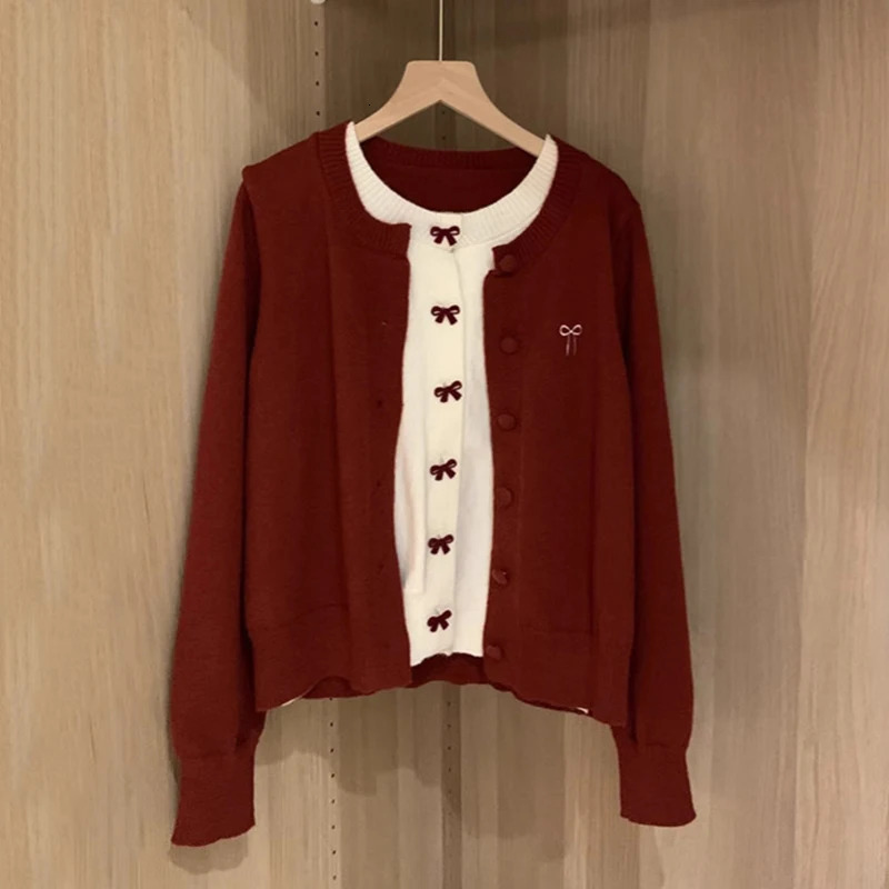 TwoPiece Bowknot Red Cardigans Women Korean Round Neck Long Sleeve Sweater Coats Woman Christmas Knitted Ladies 251028