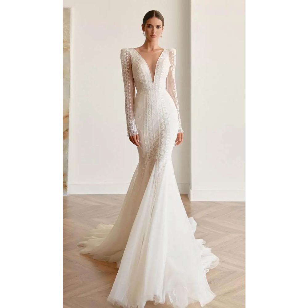 Modern Mermaid Gown Wedding Dresses Simple Pattern Lace Bridal Gowns Big Size V-Neck Vestidos De Novia Custom Size Colour