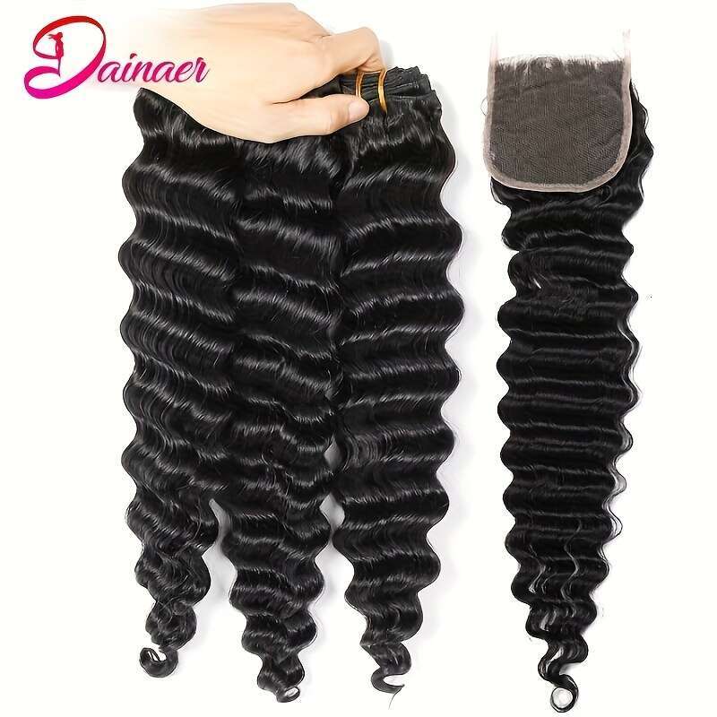 3 Bundles Human Hair Extensions With 4X4 Transparent Lace Closure - Free Part, Natural Black, Long Curly Style, Versatile For All Ethnicities, Ethnic 