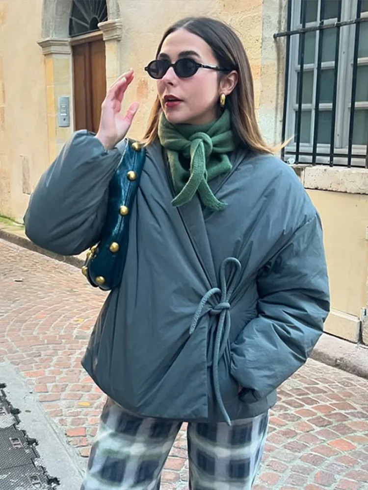 Casual Gray Lace Up Coat Women Cotton Vneck Pocket 2025 Autumn Thick Jackets Female Chic Street Allmatch Outwear Tops 251030