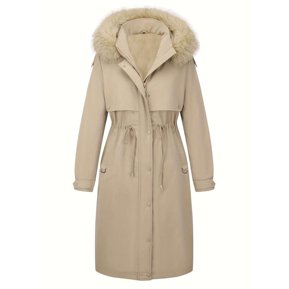 Women S Elegant Coat With Detachable Hood Long Black Jacket Full Zip Front Closure White Faux Fur Hand Dry Clean Non Stretch Outer For Fall Winter Cas