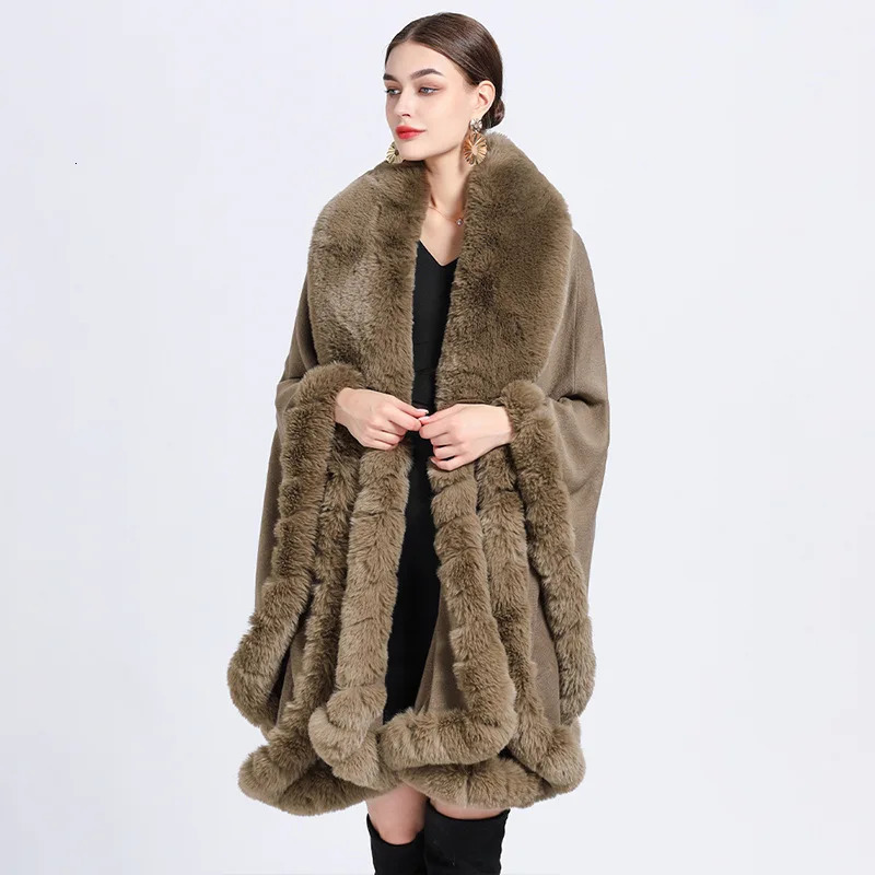 Europe America Otter Rabbit Fur Collar Hooded Cashmere Loose Ponchos Women Capes Khaki Cloak 251029